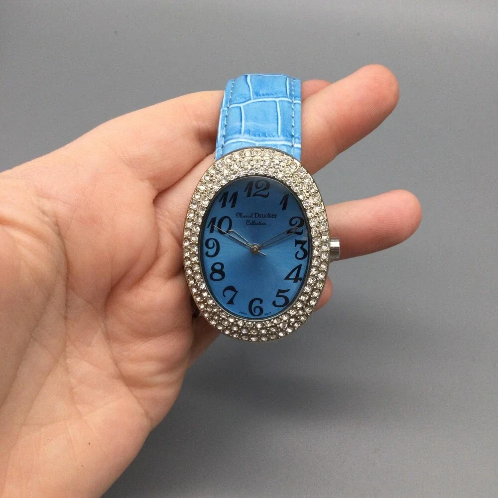 Manuel Drucker Womens Watch 33mm Blue Dial Crystals Leather 22-903 New Battery